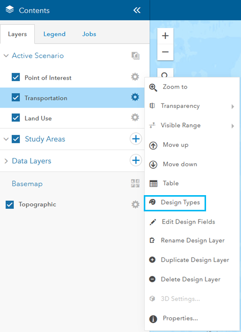 Active Scenario Options menu with the Design Types option highlighted