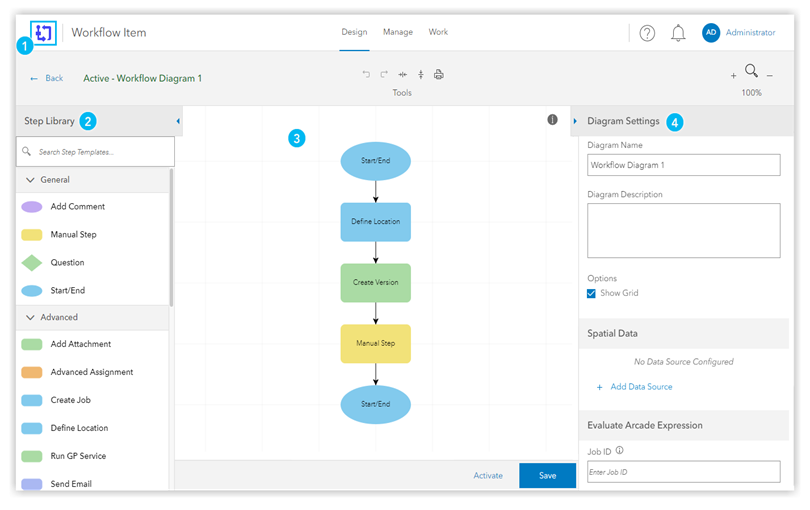 Design page with the Step Library panel, workflow canvas, and Settings panel